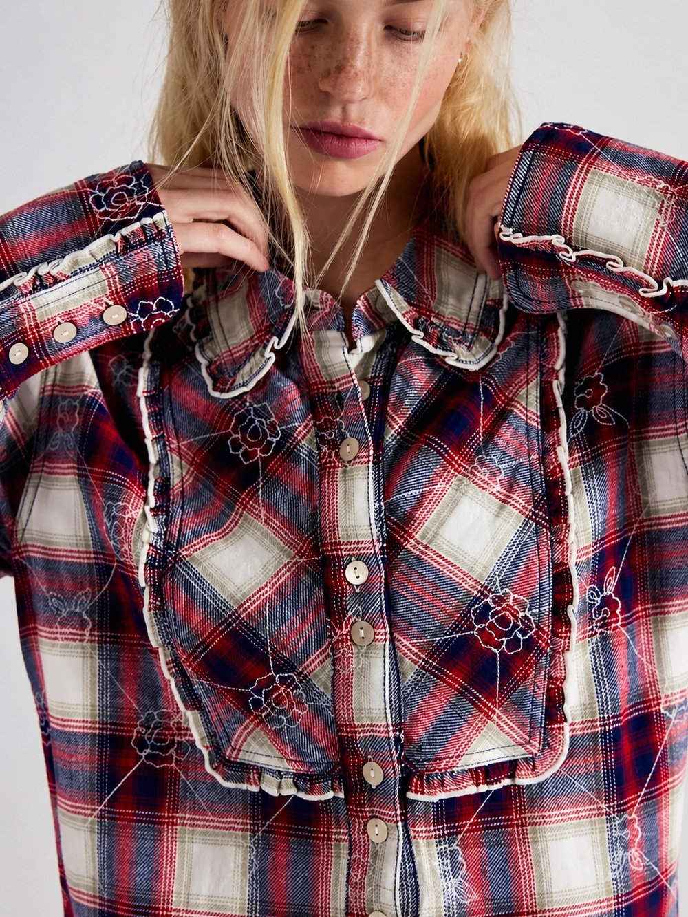 Free people we the free Georgia plaid embroidered button down